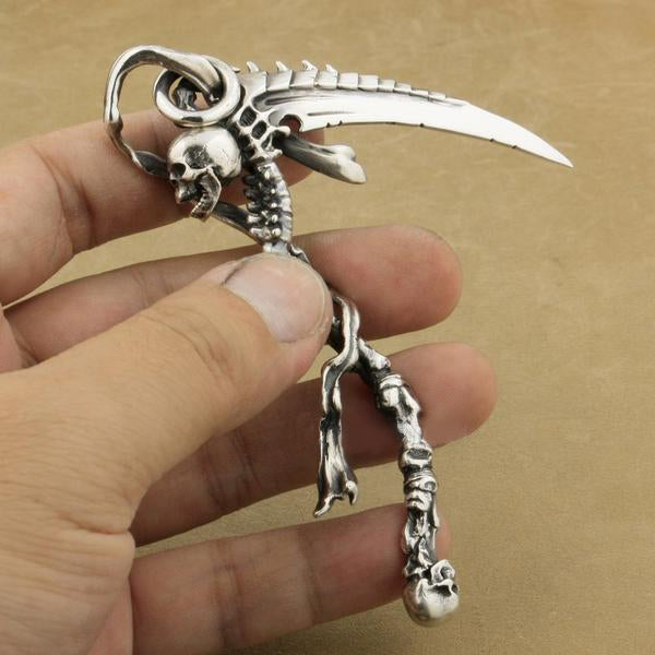 Heavy 925 Sterling Silver Grim Reaper Skull Pendant Necklace