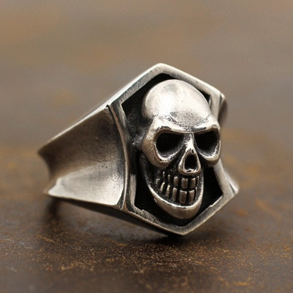 Retro Smiley Face Smiling Skull Ring - Handmade S925 Sterling Silver. Badass biker skull rings. Badass skull rings. Badass skulll jewelry. Badass skull accessories.