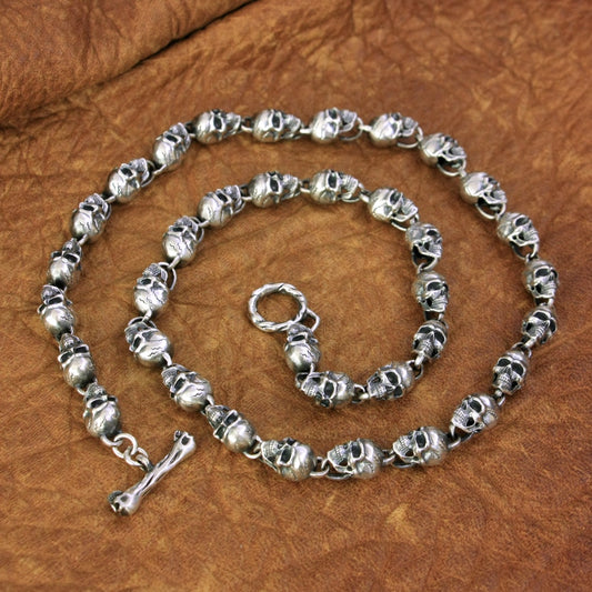 Handmade 925 Sterling Silver Detail Skulls Necklace for Men. Badass skull necklaces. Skull necklace for men. Badass skull jewelry. Badass biker jewelry. badass skull accessories.