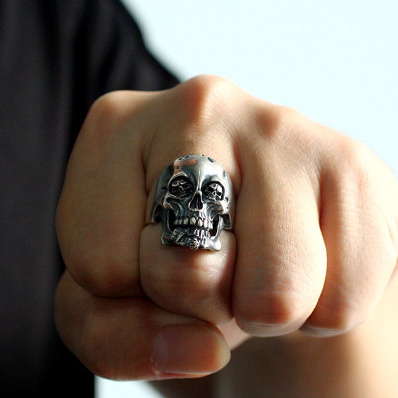 925 Sterling Silver Handmade Domineering Dark Retro Skull Rings, badass biker skull ring, badass skull jewelry, badass skull accessories. Skull Men Ring.