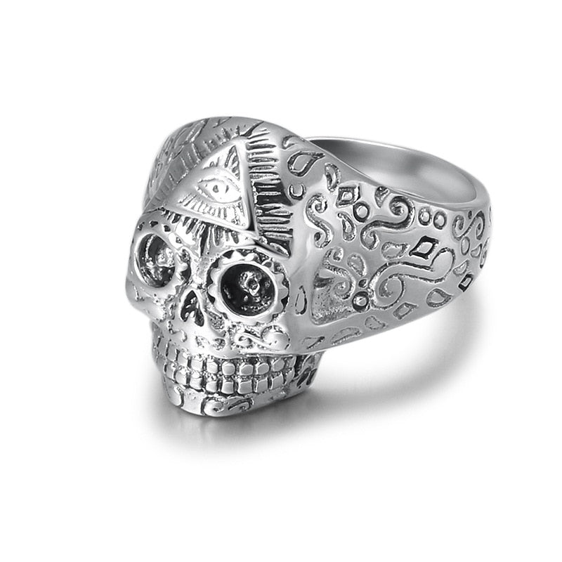 Resizable Vintage 925 Sterling Silver Eyes of God Skull Ring, badass biker accessories, badass skull jewelry, badass skull accessories