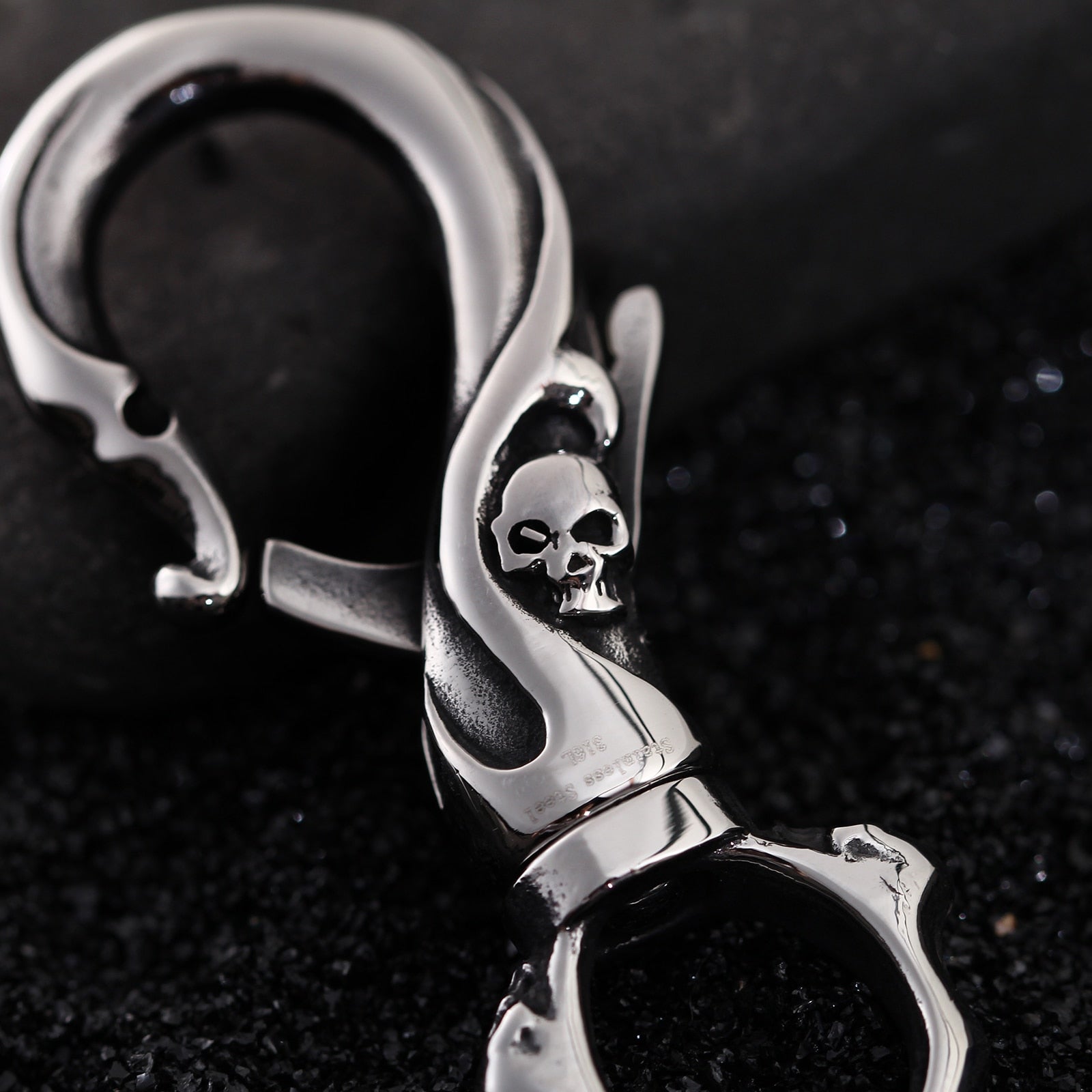 316L Stainless Steel Punk Skull Carabiner Keychain, badass skull accessories, badass biker accessories, badass skull jewelry