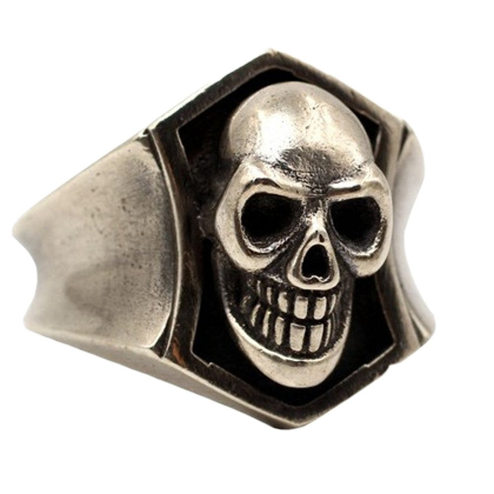 Retro Smiley Face Smiling Skull Ring - Handmade S925 Sterling Silver. Badass biker skull rings. Badass skull rings. Badass skulll jewelry. Badass skull accessories.