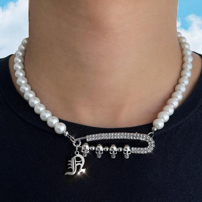 Unique Rhinestone Pin Skull Pearl Necklace. Badass skull necklace. Badass skull jewelry. Badass skull accessories.