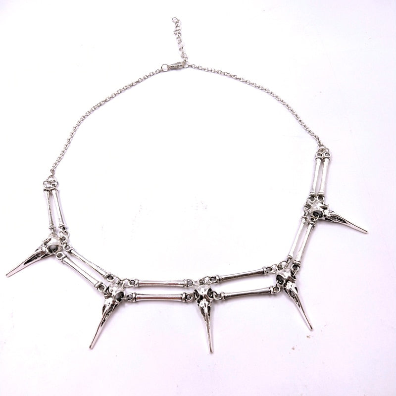 Antiqued Silver Bird Skull Necklace
