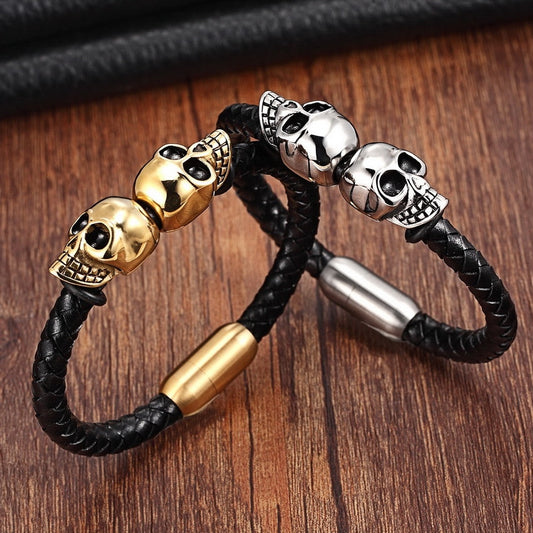 Braided Leather Double Skull Bracelets. Badass Biker Skull bracelet. Badass biker bracelet. Badass Skull Accessories. Badass skull jewelry.