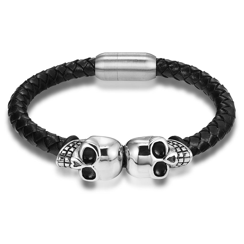 Braided Leather Double Skull Bracelets. Badass Biker Skull bracelet. Badass biker bracelet. Badass Skull Accessories. Badass skull jewelry.