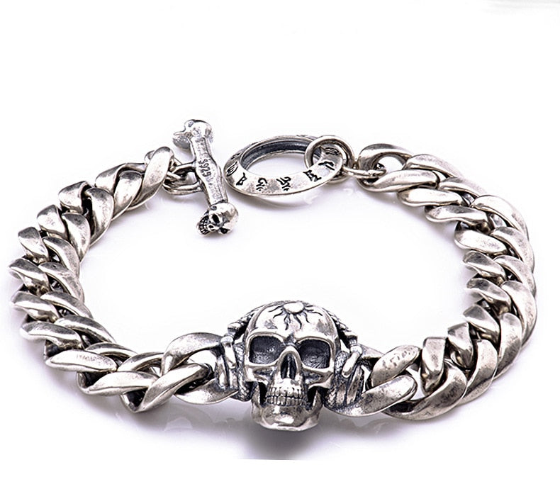 Unique 925 Sterling Silver Biker Skull Bracelet, badass biker skull bracelets, badass biker skull bracelet, badass skull accessories, badass skull jewelry