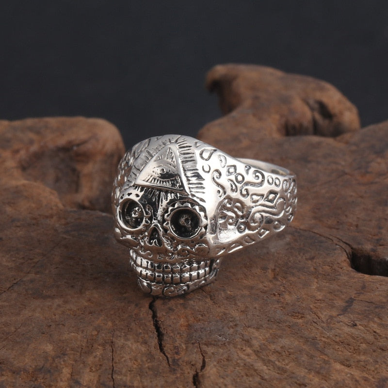 Resizable Vintage 925 Sterling Silver Eyes of God Skull Ring, badass biker accessories, badass skull jewelry, badass skull accessories