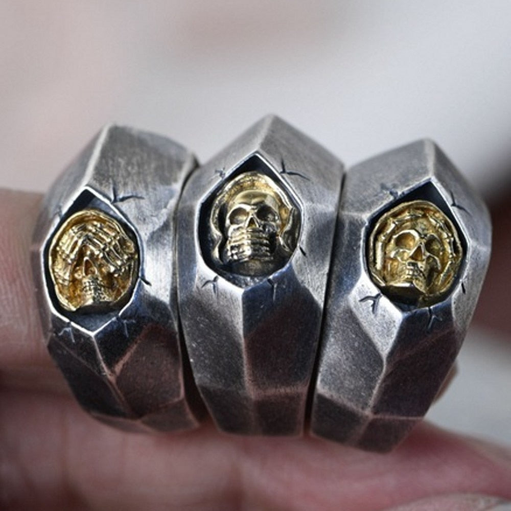 See no Evil, Hear no Evil, Speak no Evil 925 Silver Resizable Men's Skull Rings. Badass Skull Rings. Badass Skull Jewelry. Badass Skull Accessories.