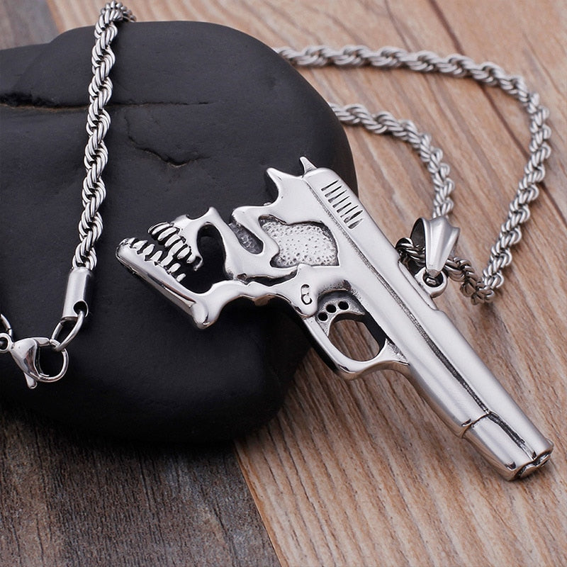 Hip Hop Pistol Skull Pendant Necklace. Badass skull jewelry. Badass skull accessories.