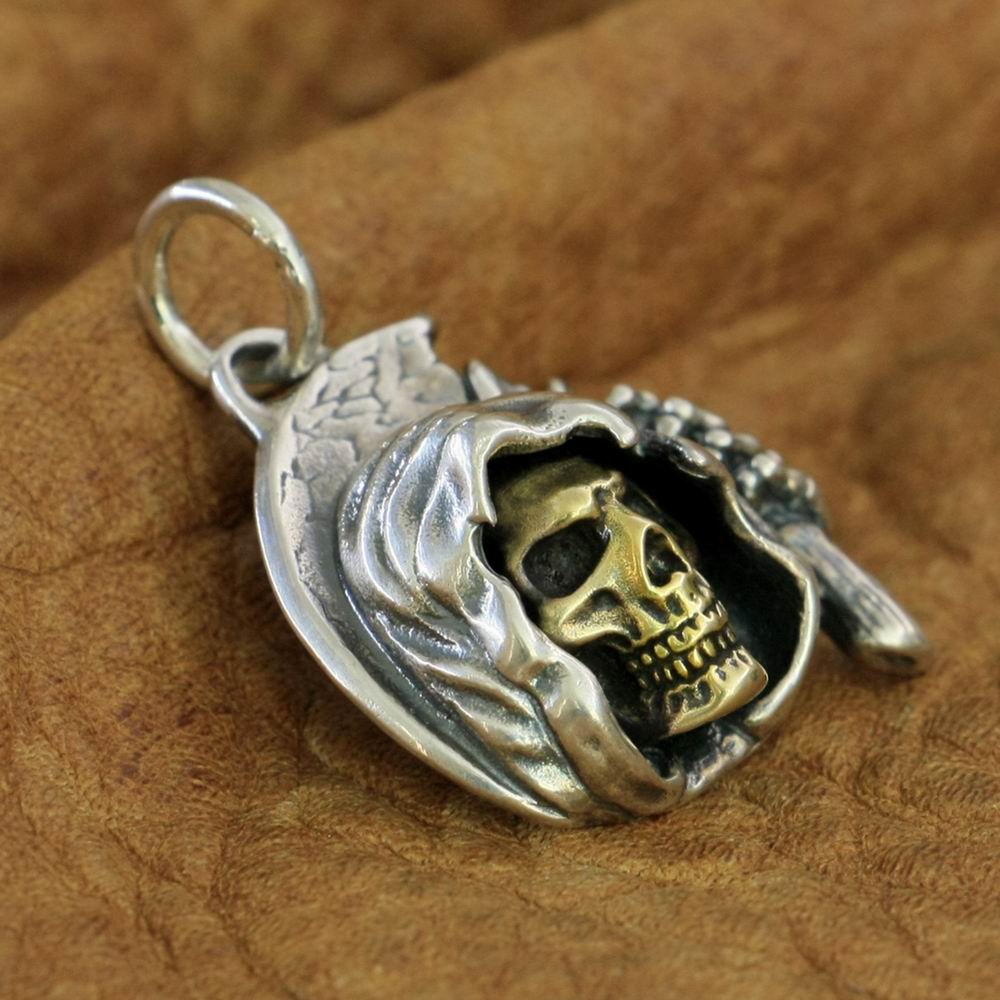 925 Sterling Silver Sickle Death Brass Skull Pendant. Badass skull pendant. Badass skull jewelry. Badass skull accessories. Valentine gifts for him. Anniversary gift for him. Anniversary gift for my badass husband. Badass Birthday gift for my badass boyfriend. Badass Birthday gift for my badass husband.