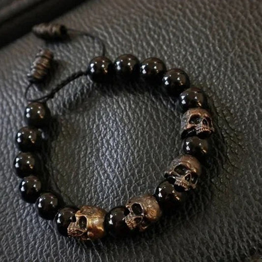 Dark Vintage Style Horror Skull Black Beads Charm Bracelet. Badass skull bracelets. Badass skull jewelry. Badass skull accessories.