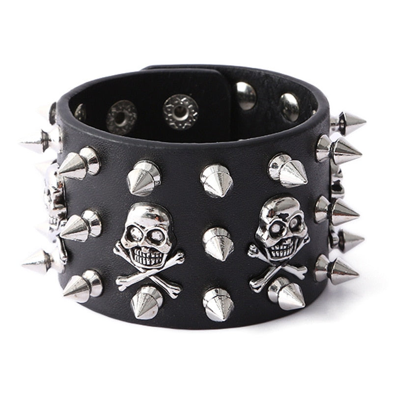 Unique Rock Spikes Rivet Gothic Skeleton Skull Punk Biker Wide Cuff Leather Bracelet. Badass Biker Skull bracelet. Badass biker bracelet. Badass Skull Accessories. Badass skull jewelry.