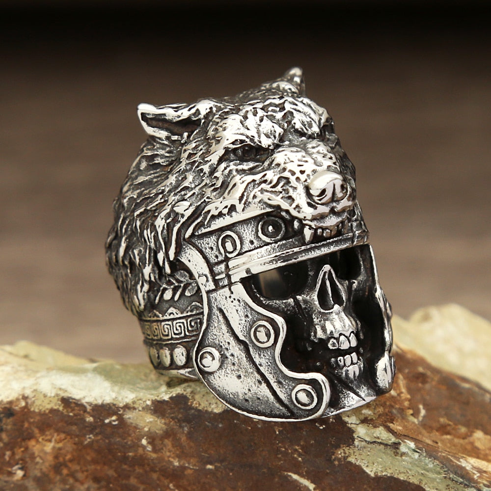 Skull & Wolf Head Stainless Steel Ring for Men. Badass biker skull ring. Badass vikign skull and wolf ring. Badass skull ring for men. Badass skull accessories.