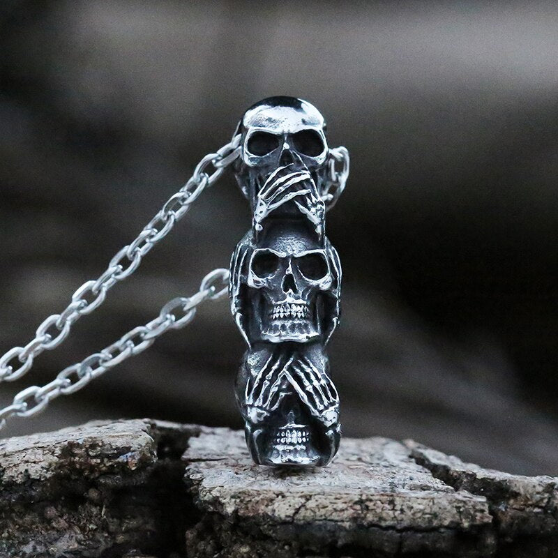 See No Evil, Hear No Evil, Speak No Evil Skull Pendant Necklaces For Men. Badass skull pendant. Badass skull jewelry. Badass skull accessories.