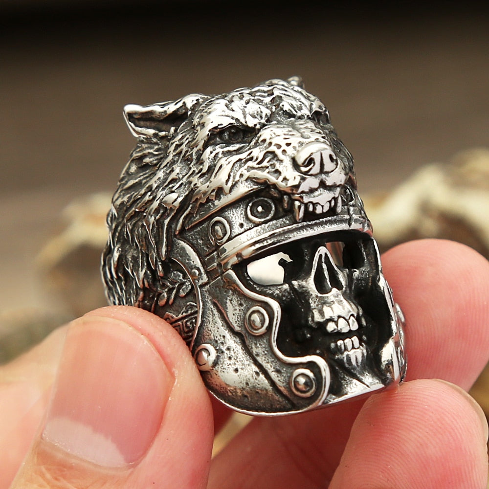 Skull & Wolf Head Stainless Steel Ring for Men. Badass biker skull ring. Badass vikign skull and wolf ring. Badass skull ring for men. Badass skull accessories.