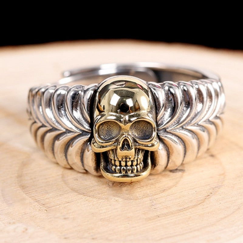 925 Sterling Silver Retro Totem Skull Ring - Adjustable Pure Argentum Punk Hand Jewelry for Men. Badass skull rings. Skull ring for Men. badass skulljewelry. Badass biker jewelry. Badass skull accessories.