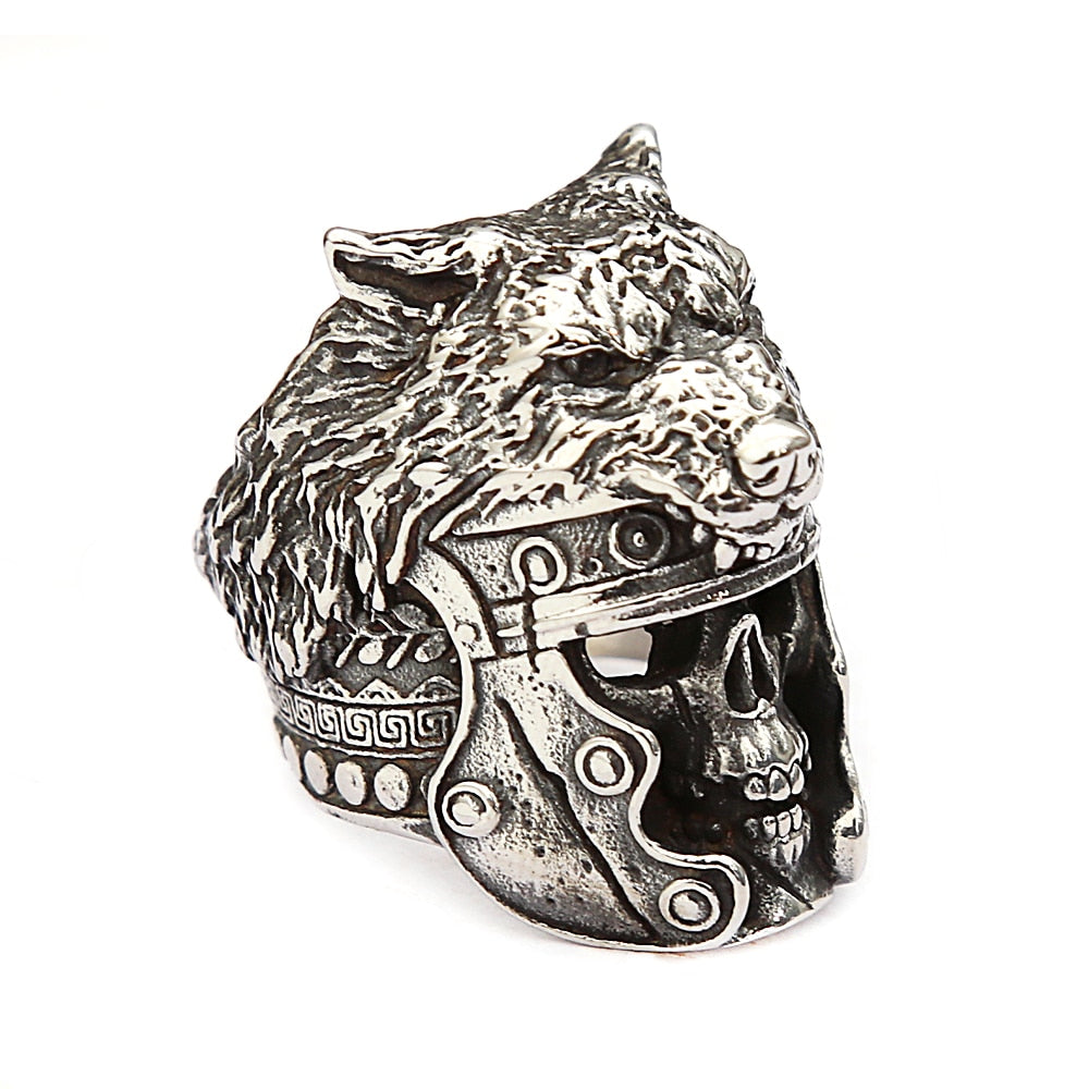 Skull & Wolf Head Stainless Steel Ring for Men. Badass biker skull ring. Badass vikign skull and wolf ring. Badass skull ring for men. Badass skull accessories.