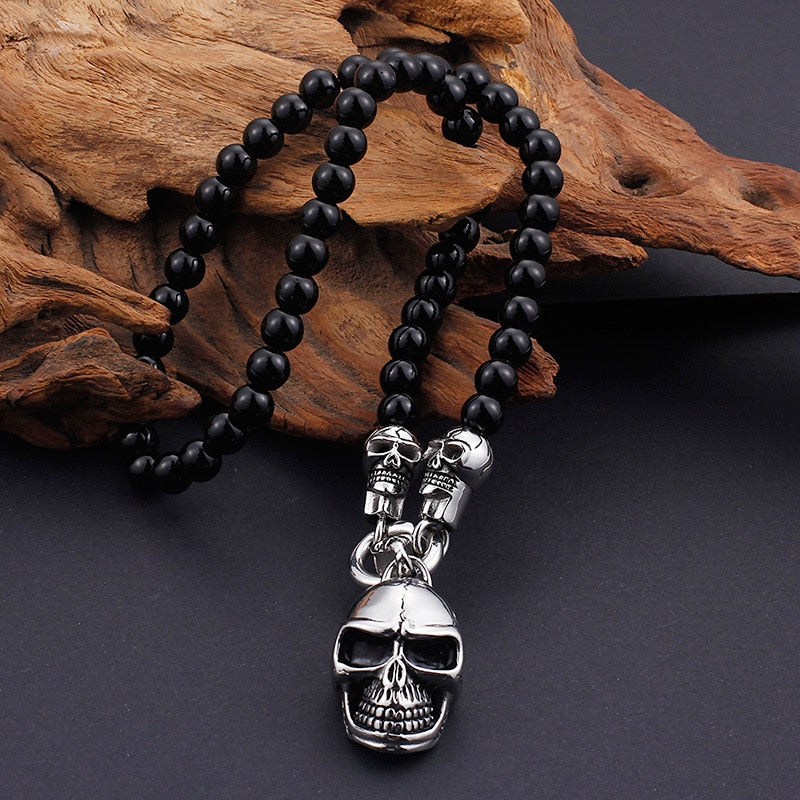 Punk Skull Glass Beads Chain Necklace. Badass biker necklaces. Badass biker jewelry. Badass skull accessories.