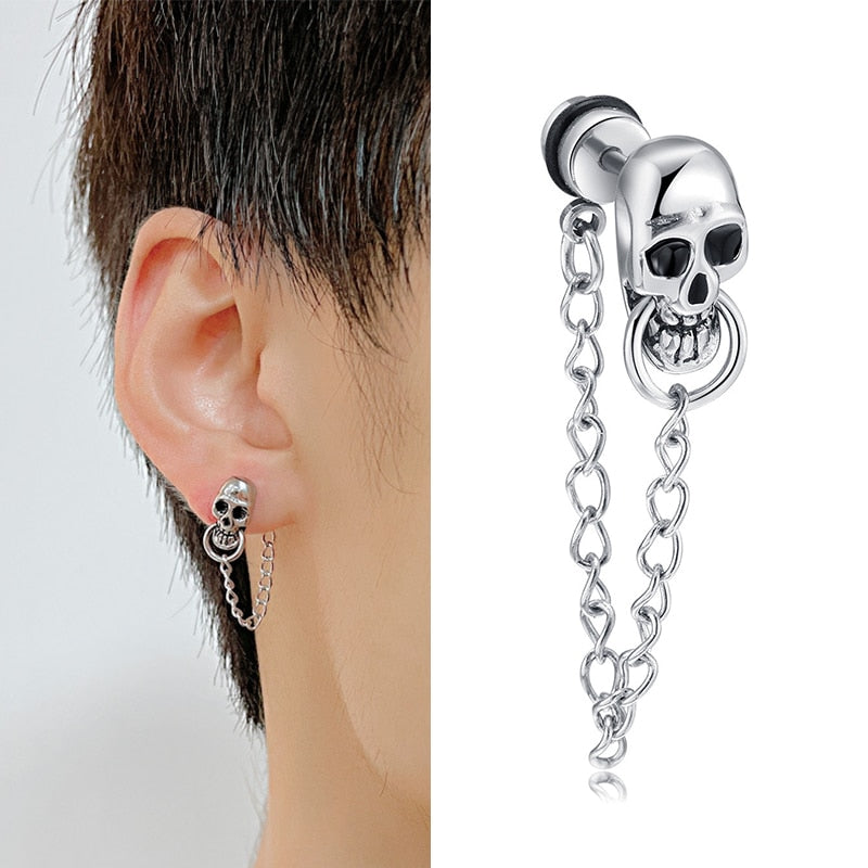 Retro Punk Skull Chain Men Stud Earrings - Gothic Hiphop Stainless Steel Jewelry. Badass skull earrings for men. Badass skull earrings. badass skull jewelry. badass skull accessories.