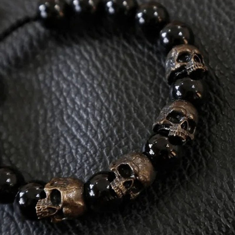 Dark Vintage Style Horror Skull Black Beads Charm Bracelet. Badass skull bracelets. Badass skull jewelry. Badass skull accessories.