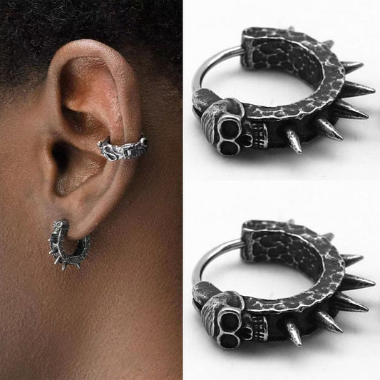Vintage Black Skull Awl Round Earrings - Gothic Biker Punk Hip Hop Rock Jewelry. Badass skull earrings. badass skull earrings for men. badass skull jewelry. badass skull accessories.