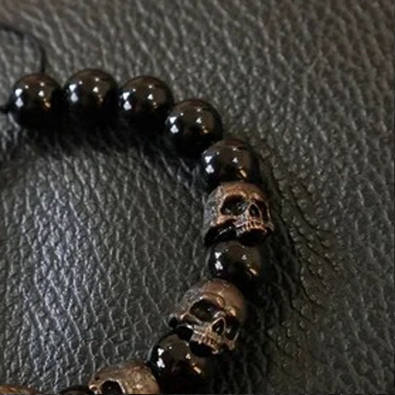 Dark Vintage Style Horror Skull Black Beads Charm Bracelet. Badass skull bracelets. Badass skull jewelry. Badass skull accessories.
