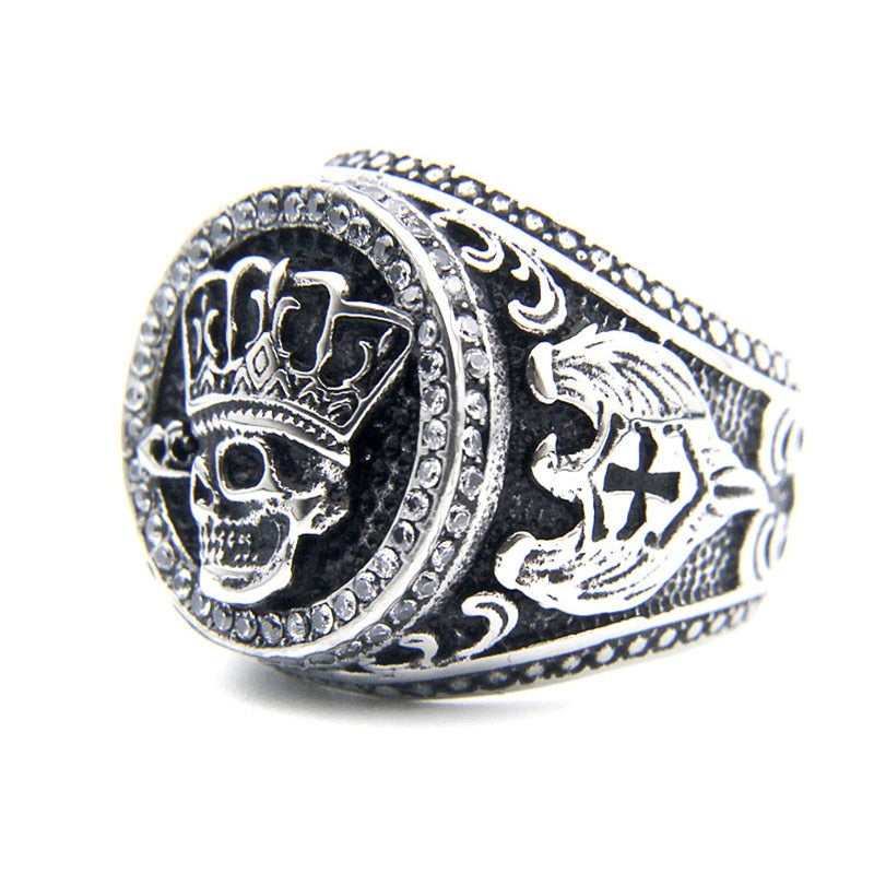 Retro Solid Clear Stone Crown Skull Ring. Bass skull ring. Badass biker skull ring. Badass skull accessories. Badass biker jewelry.
