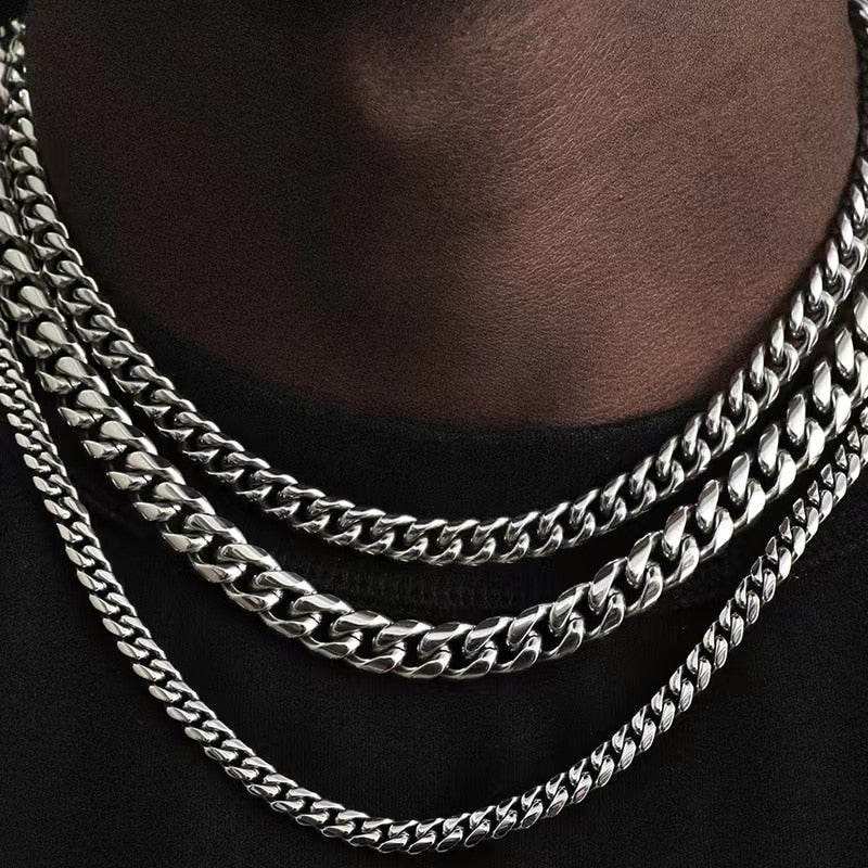 Punk Stainless Steel Curb Cuban Necklaces - Silver, Black & Gold Options - 3mm, 5mm, 7mm Widths. Chain Necklace for men. Chain necklaces for women. Badass skull accessories. Badass skull jewelry.