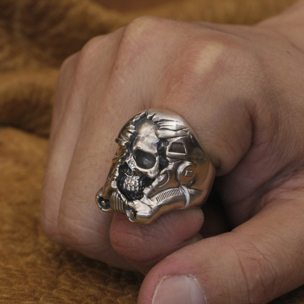 925 Sterling Silver Half Face White Warrior Skull Ring. Badass skull ring. Badass skull jewelry. Badass biker skull rings. Badass biker skull accessories.