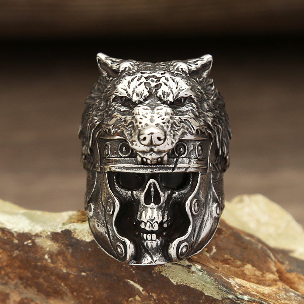 Skull & Wolf Head Stainless Steel Ring for Men. Badass biker skull ring. Badass vikign skull and wolf ring. Badass skull ring for men. Badass skull accessories.