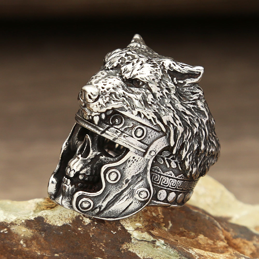 Skull & Wolf Head Stainless Steel Ring for Men. Badass biker skull ring. Badass vikign skull and wolf ring. Badass skull ring for men. Badass skull accessories.