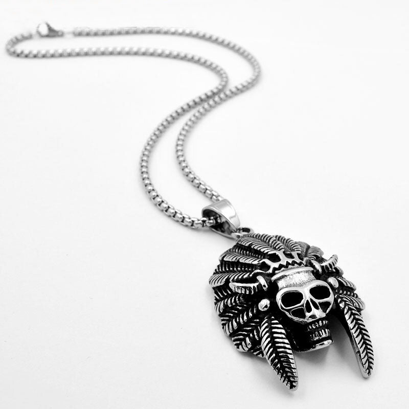 Skull with Feather Hat Headdress Necklace