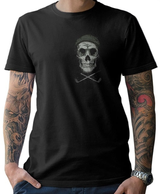 Skull Golfer Graphic Tee – Black Cotton Casual T-Shirt for Men and Women
