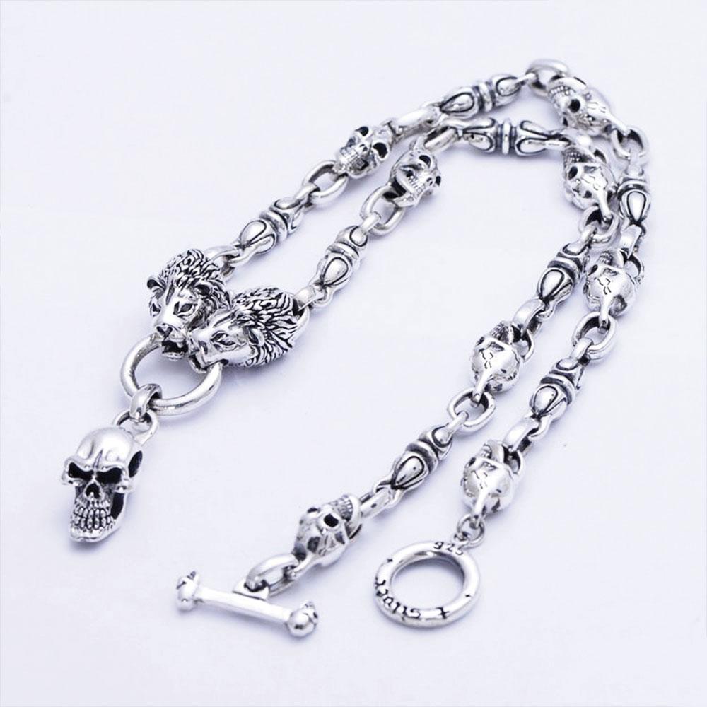 Solid 925 Sterling Silver Double Lion Heads Skull Necklace