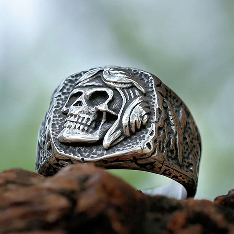 Stainless Steel Aviator Soldier Skull Ring. Pilot Skull RIng. Badass skull ring. Badass skull accessories. badass skull jewelry.