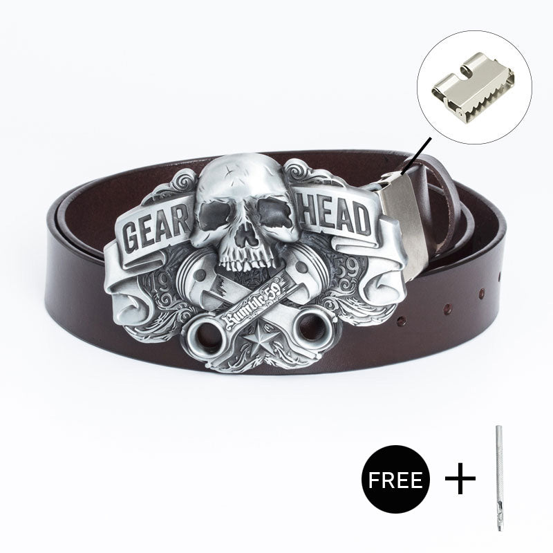 Engraved Belt for Men Casual Jeans Adjustable Belt Gift for Boyfriend Husband Leather Belt Jean Waistband Skull Buckle