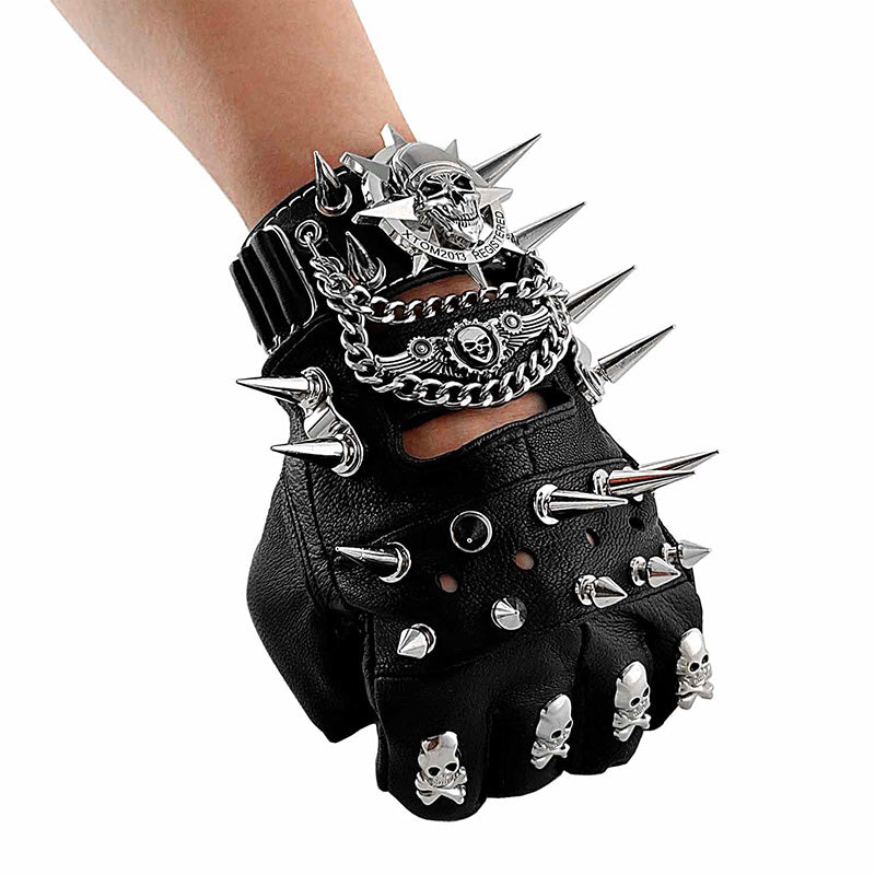 Leather Fingerless Biker Spike Skull Gloves Bracelets – Sunken Skull