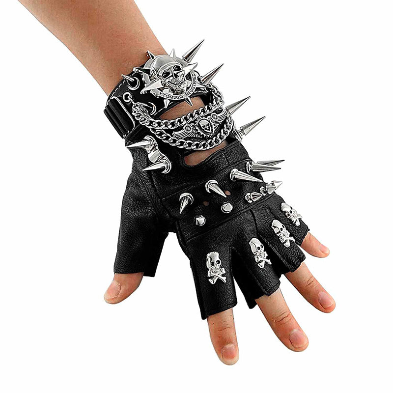 Women Stars Leather Gloves Punk Rock Wing Skull Fingerless Gloves With  Bracelet