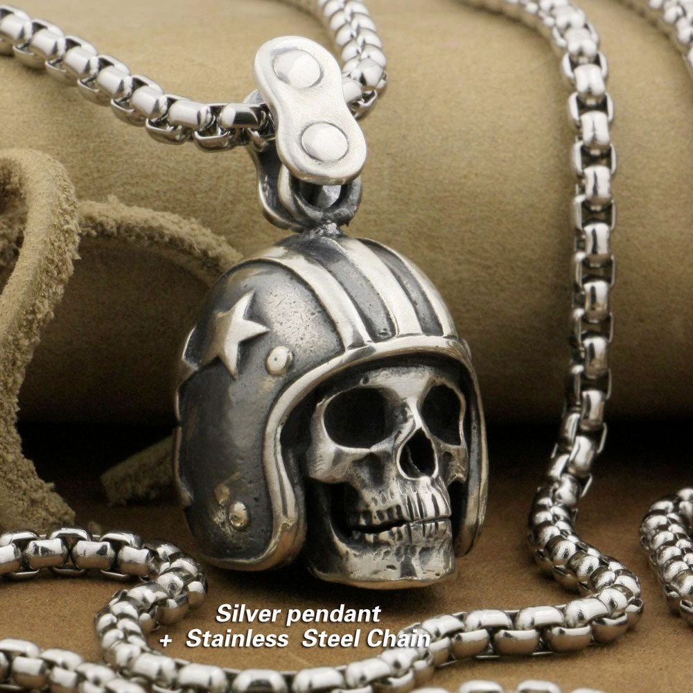 925 Sterling Silver Biker Skull Pendant Necklace