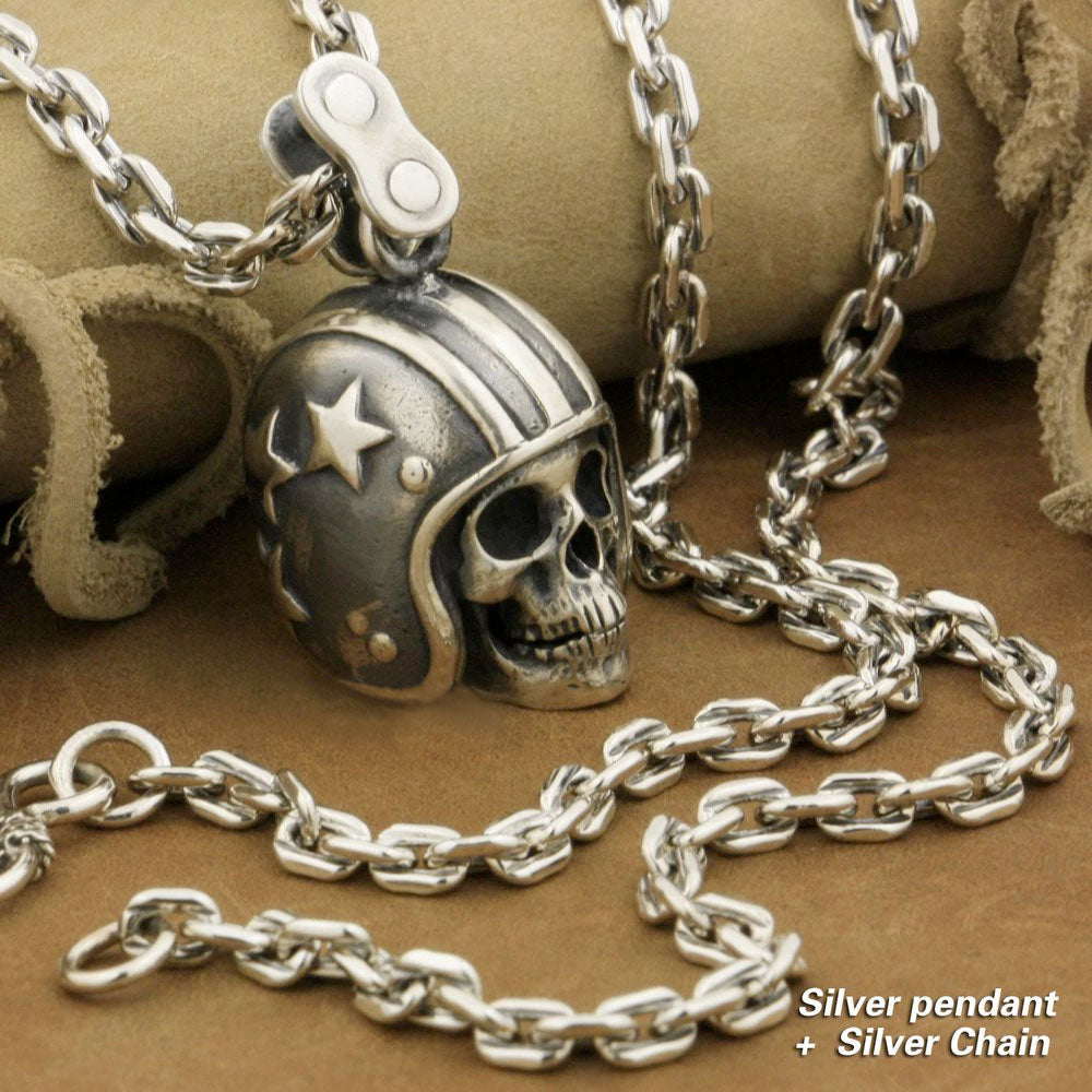 925 Sterling Silver Biker Skull Pendant Necklace