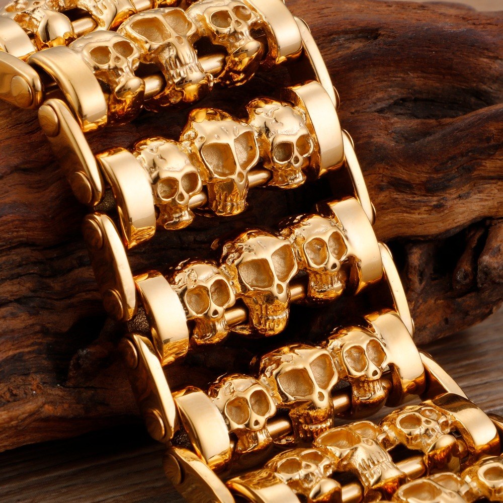 Stainless Steel Huge Heavy Solid Gold Skeleton Skull Bracelet