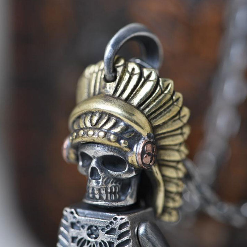 925 Sterling Silver Indian Chief Skull Pendant