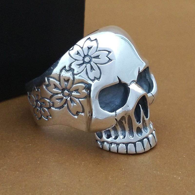 Punk Rock 925 Silver Flower Skull Ring