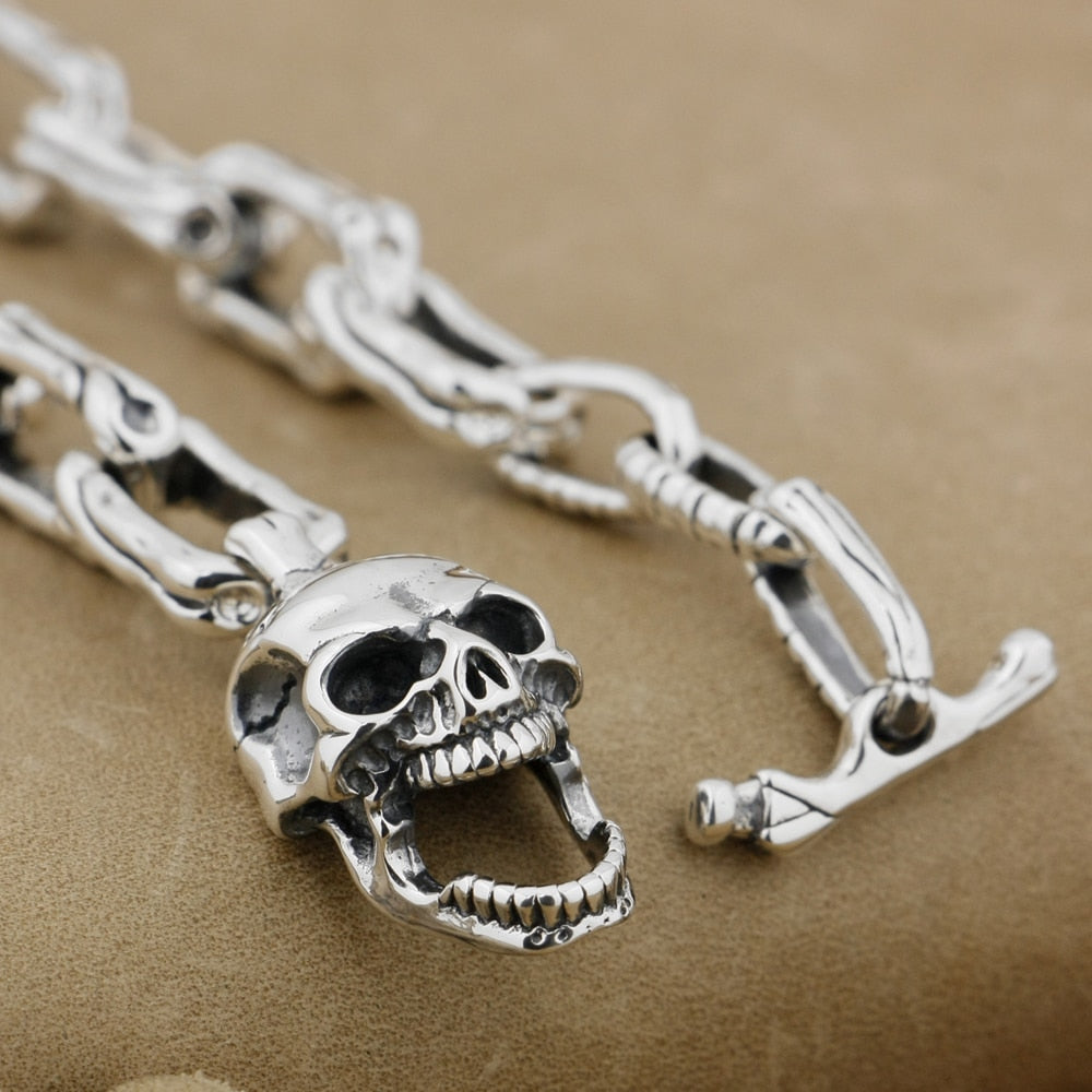 925 Sterling Silver Skull Bone Chain Bracelet. Badasss skull accessories. Badass skull jewelry. Gothic skull bracelet.