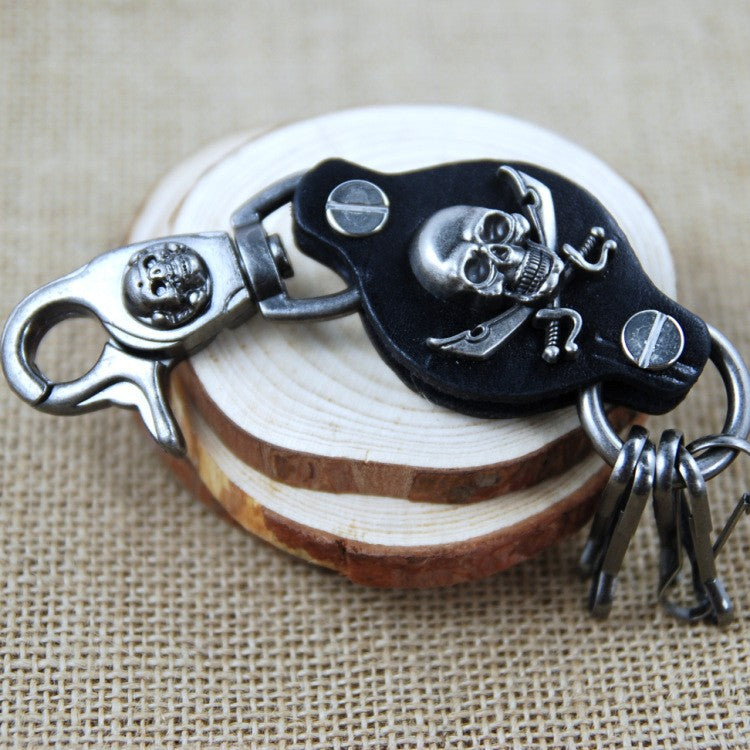 Black Gun Plated Leather Pirate Skull Keychains