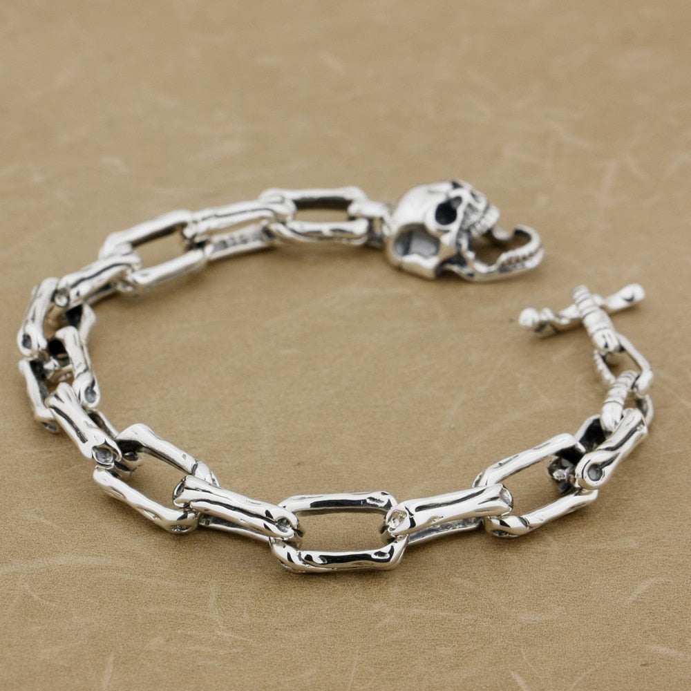 925 Sterling Silver Skull Bone Chain Bracelet. Badasss skull accessories. Badass skull jewelry. Gothic skull bracelet.