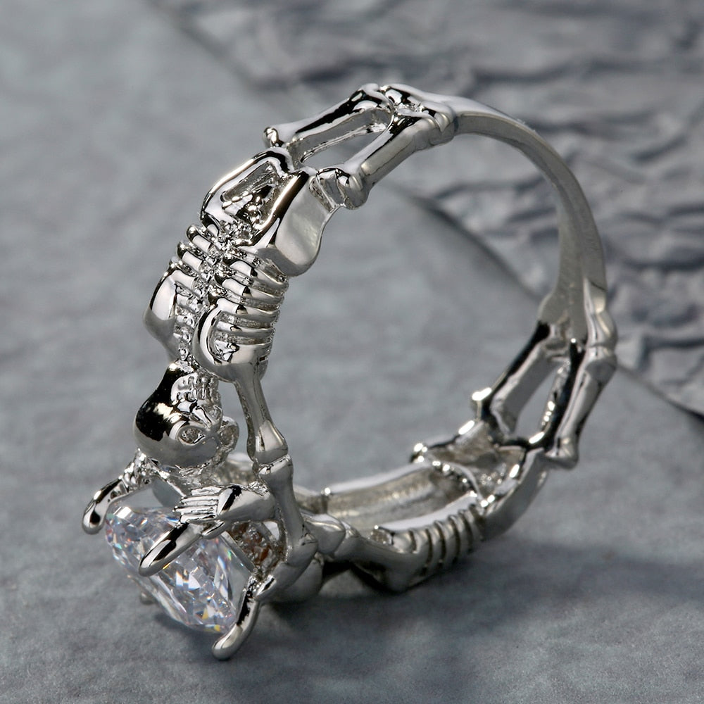 Clear Stone Silver Ghost Evil Skull Skeleton Hand CZ Rings