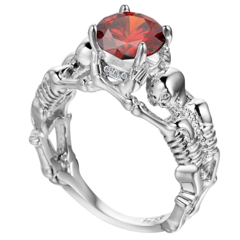 Red Stone Silver Ghost Evil Skull Skeleton Hand CZ Rings